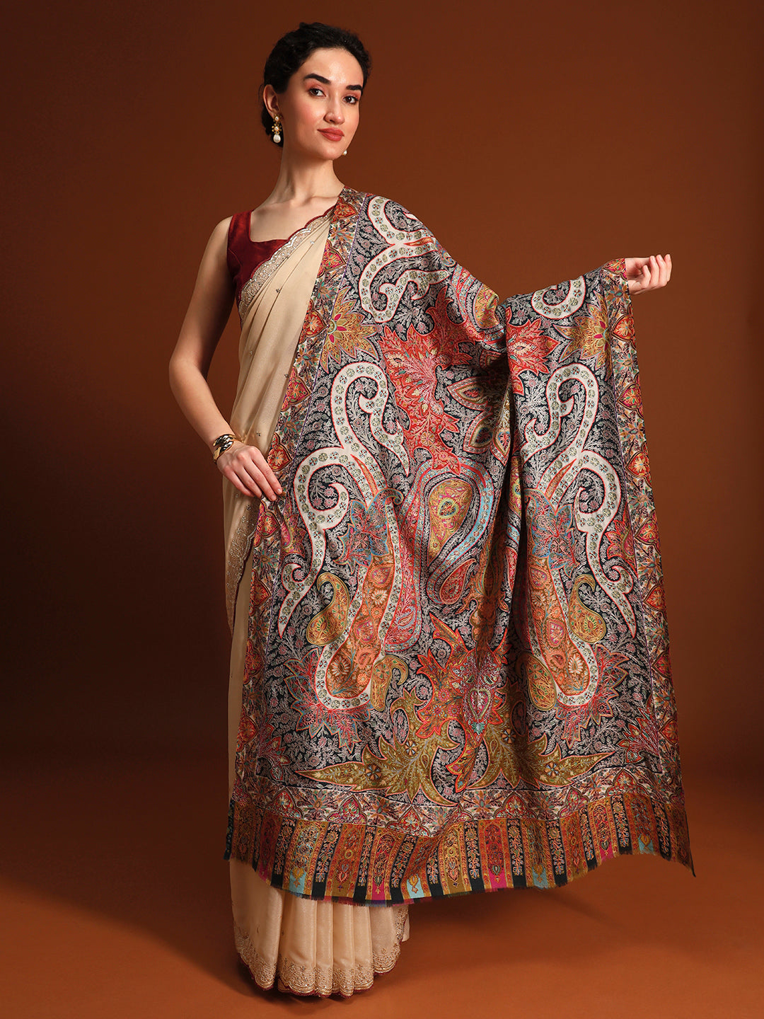 Women Stained Glass Fine Wool Fabric Kalamkari Embroidered Shawl,
