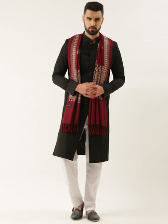 Men’s Kashmiri Embroidery Stole, Shawl, Authentic Kashmiri Luxury Pashmina Style Shawl, Stole, Medium Size for Gents, Size 28x80 Inches, Wine Color