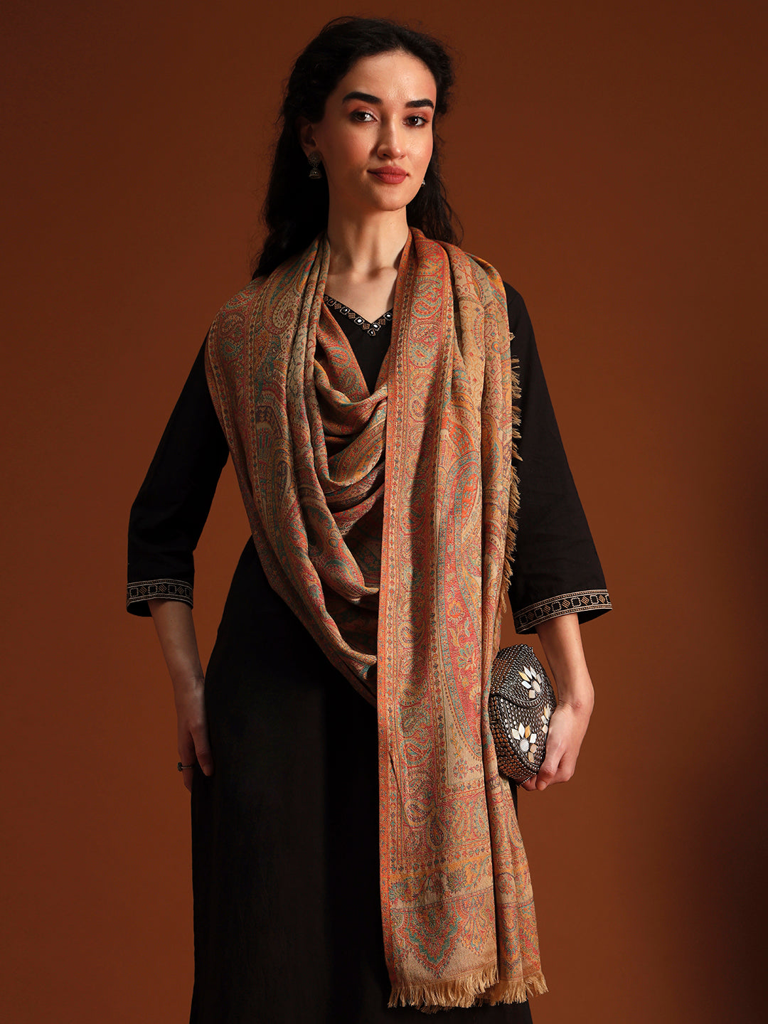 Pashmoda Women Grand Paisley Kaani Wool Blend Kashmiri Shawl, Stole, Scarf | Luxury Pashmina Jamawar Soft Warm Evening Wrap (Size 40X80 inches )