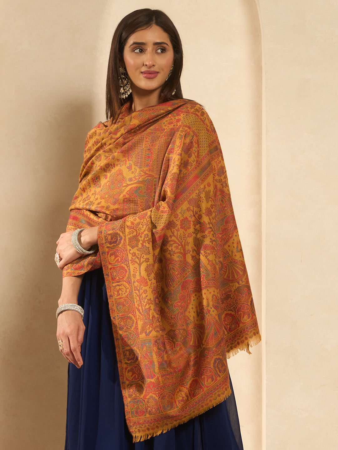 Pashmoda Women Shahi Manzar Kaani Wool Blend Kashmiri Shawl, Stole, Scarf | Luxury Pashmina Jamawar Soft Warm Evening Wrap (Size 40X80 inches )