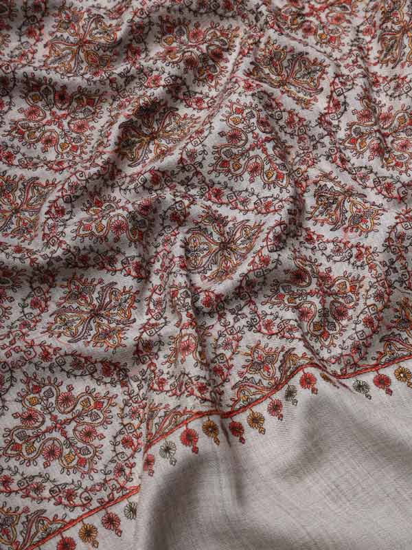 Women Light Grey Pure Wool Embroidered Shawl (Size 101X203 CM)