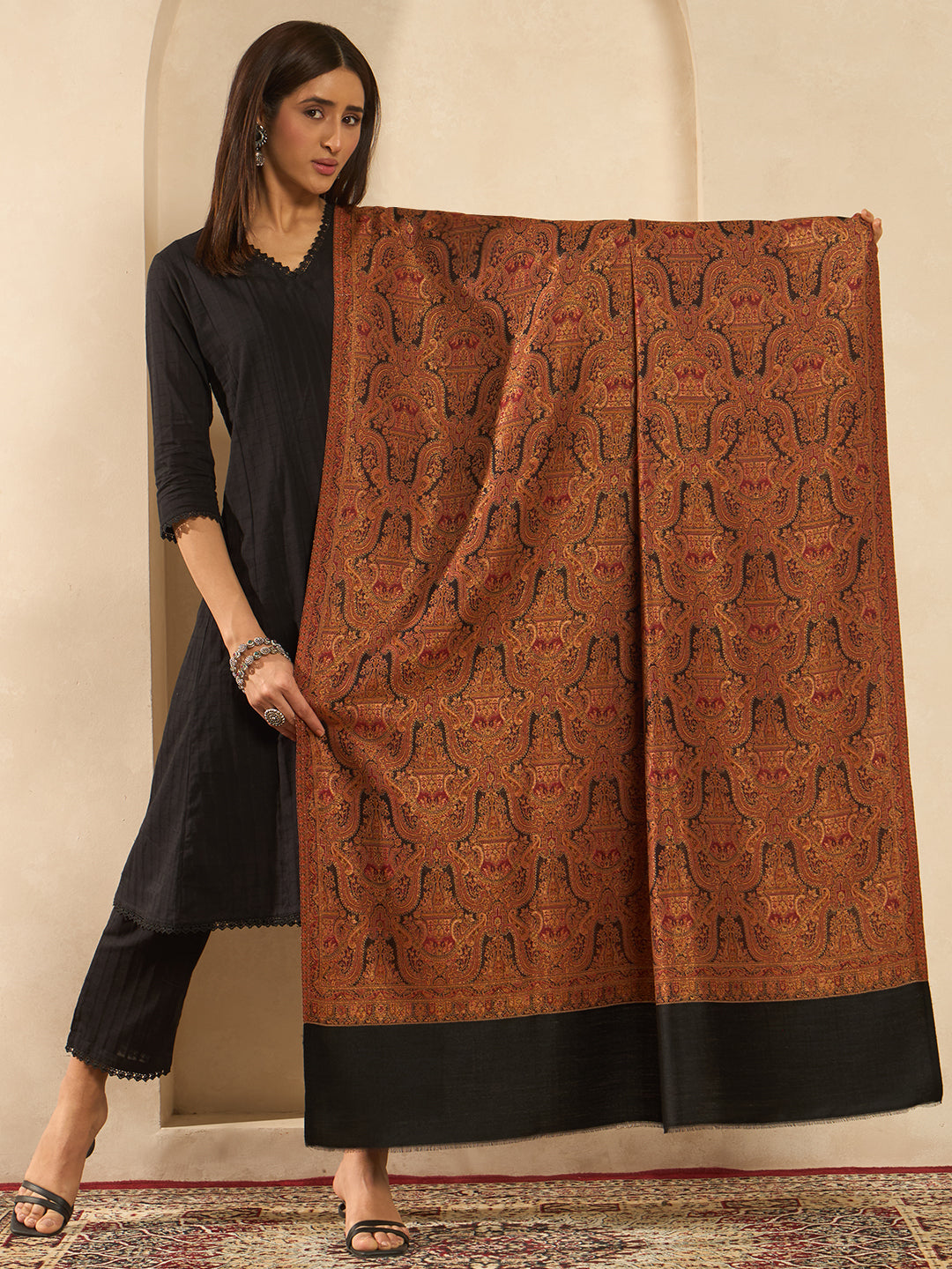 Pashmoda Women Gulnaar Royale Zari Reversible Kaani Fine Wool Shawl, Shawl, Scarf, Heritage Kashmiri Pashmina Stole, Evening Wrap (Size 40X80 inches)