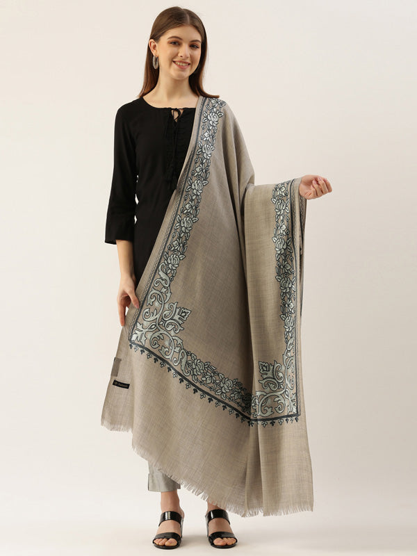 Women's Light Grey Pure Wool Embroidered Shawl (Size: 101 X 203 Cms)