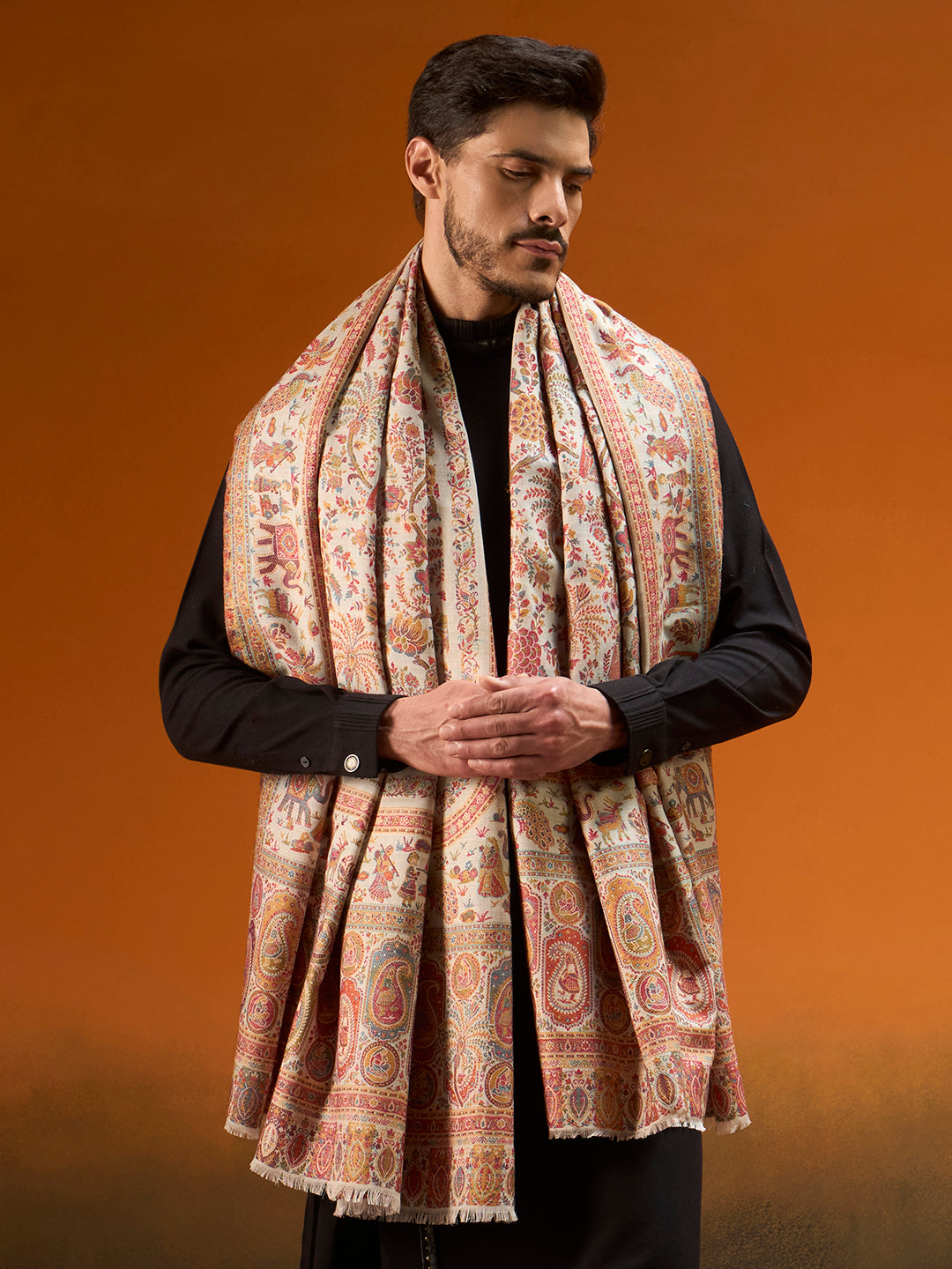 Pashmoda Men Kaani Orchard Fine Wool Kalamkari Embroidered Shawl, Stole and Wrap, Sustainable and Natural Fabric, Heritage Kashmiri Pashmina MEDIUM SIZE (Size 40x80 Inches)