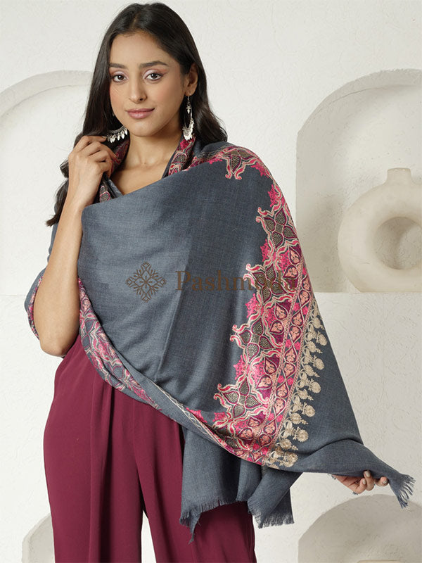 Pure Wool Crystal Work Nalki Embroidered Stole (Size 71X203 CM)