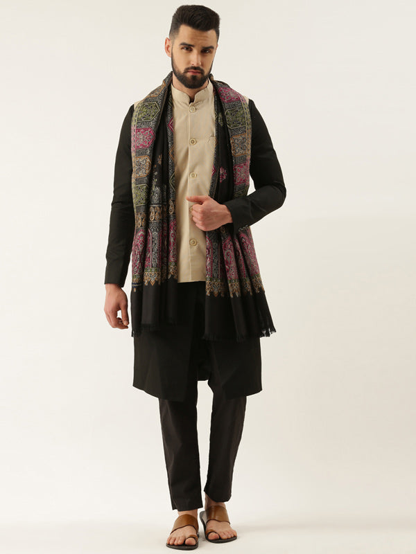 Men Kaani Stole with Zari Weave, Authentic Kashmiri Luxury Pashmina Style Stole, Full Size Gents Lohi, Size 72X208 CM, Black Color