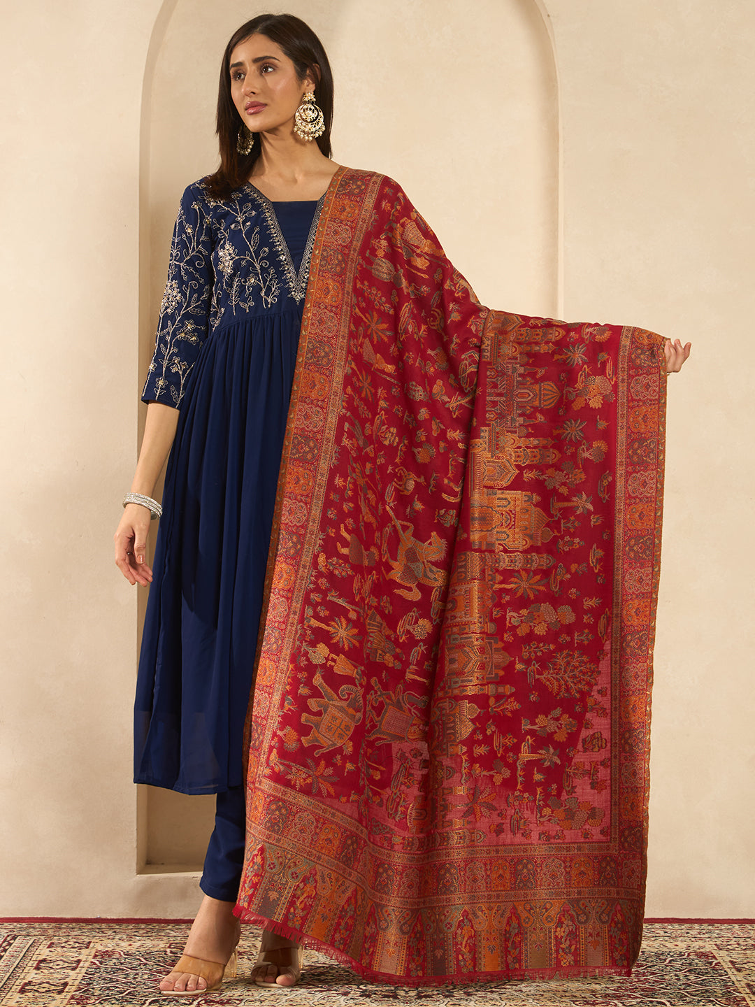 Pashmoda Women Gulrukh Zari Reversible Kaani Fine Wool Shawl, Shawl, Scarf, Heritage Kashmiri Pashmina Stole, Evening Wrap (Size 40X80 inches)