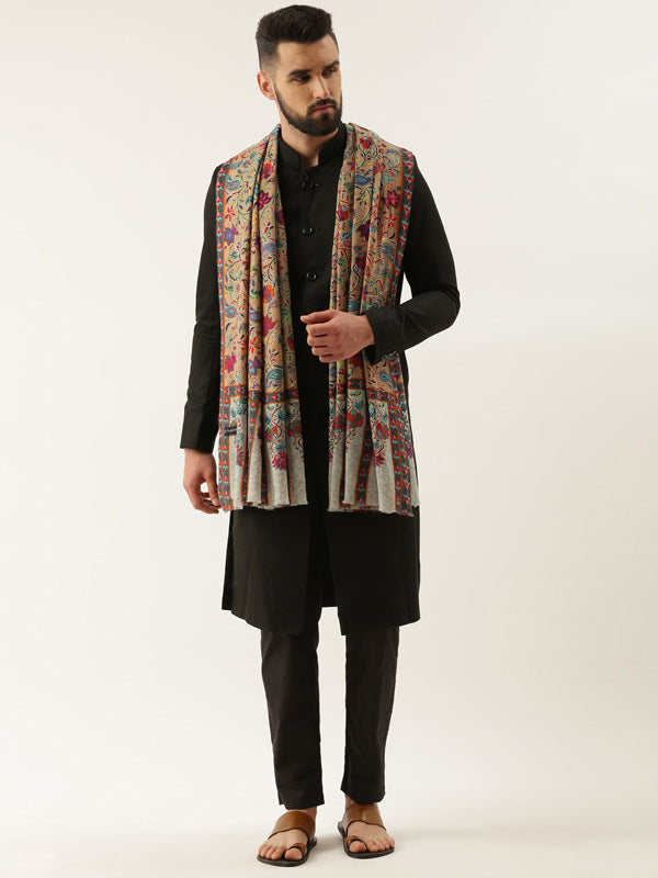 Women's Pure Wool Fabric Kalamkari Embroidered Shawl (Size: 101 X 203 Cms)