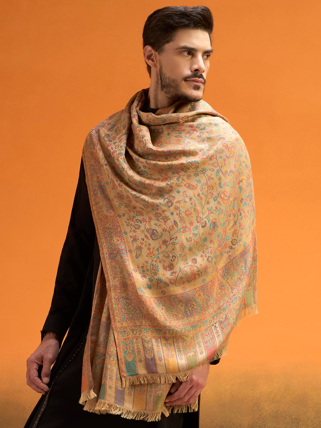 Pashmoda Men Royal botanica Kaani Stole, Authentic Kashmiri Pashmina Style Wool Shawl, Gents Lohi Wrap, Traditional Jamawar Woven Design, Beige Colour (28 x 80 Inches)