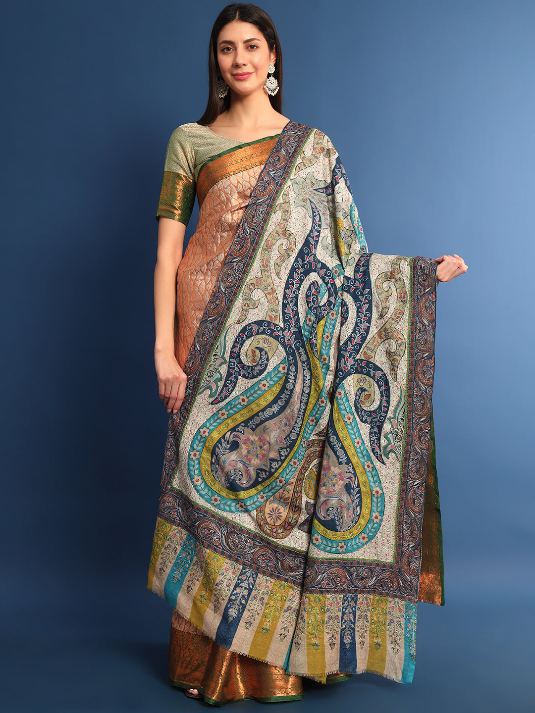 Women Mehar Fine Wool Fabric Pashmina Kalamkari Embroidered Shawl (Size: 115x230 CM)