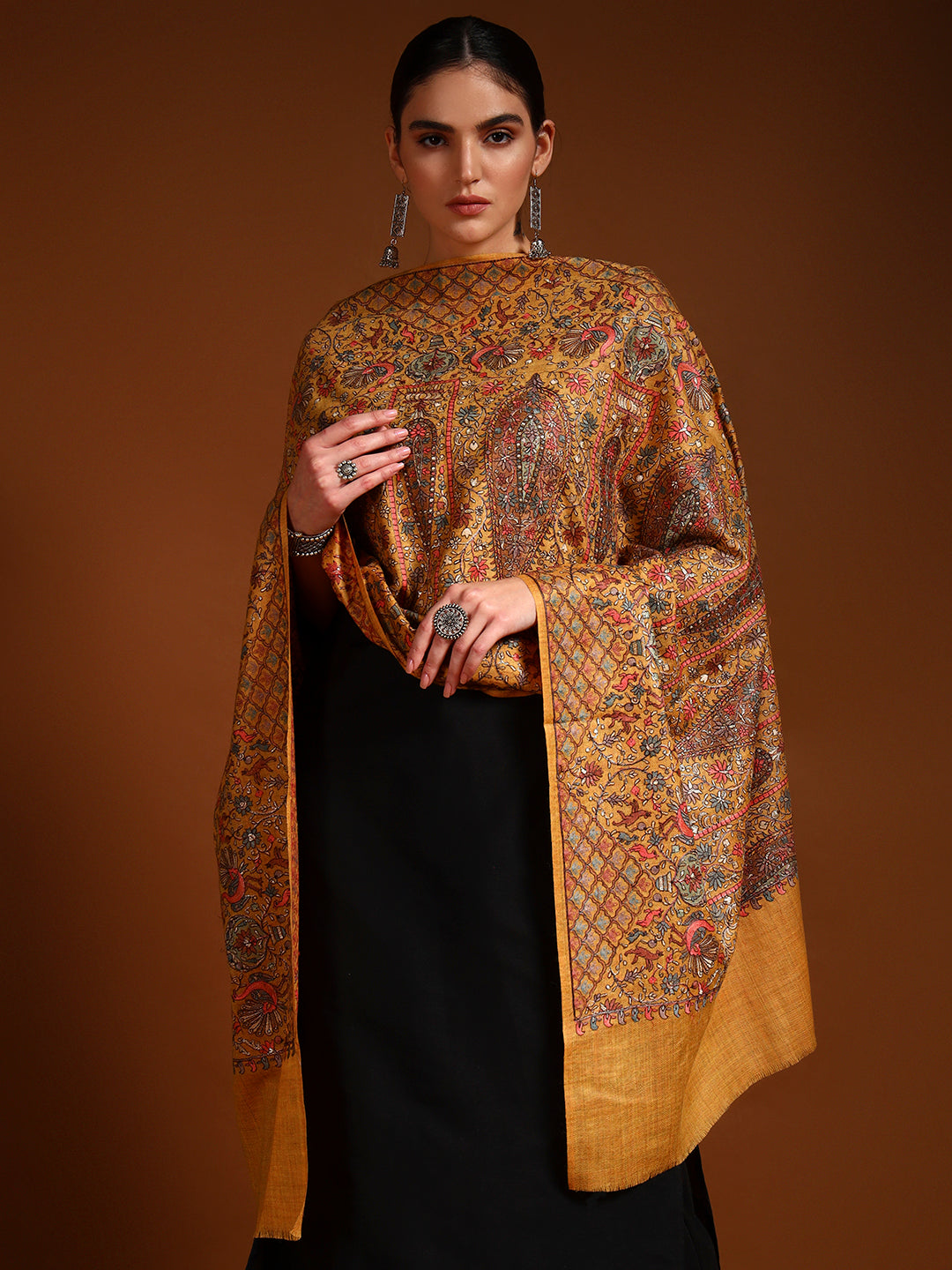 Pashmoda Women Nafeesah 100% Pure Wool Sozni Hand Embroidered Stole (Size-71x203cm)