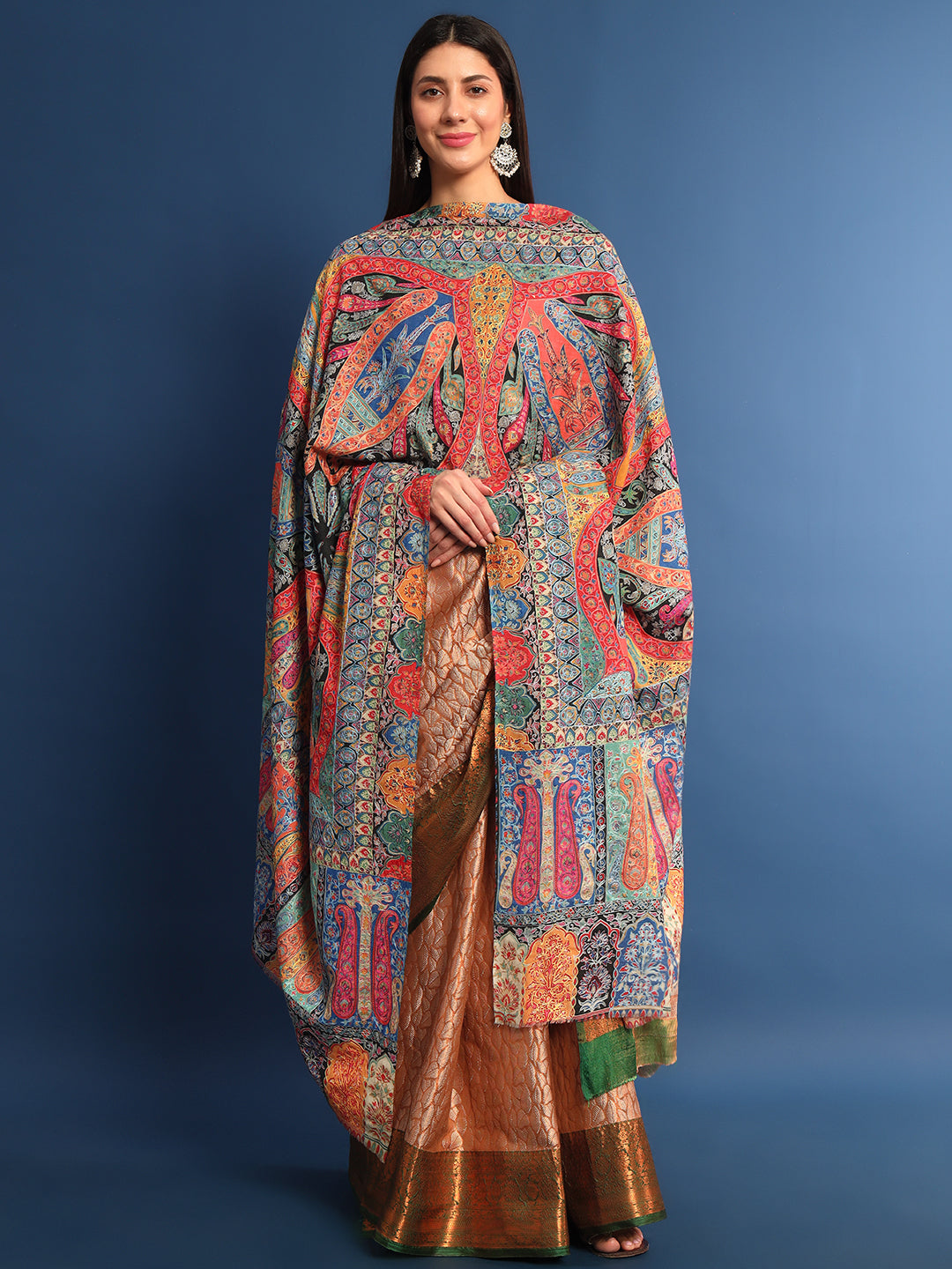 Women Gulsher Fine Wool Fabric Pashmina Kalamkari Embroidered Shawl (Size: 115x230 CM)