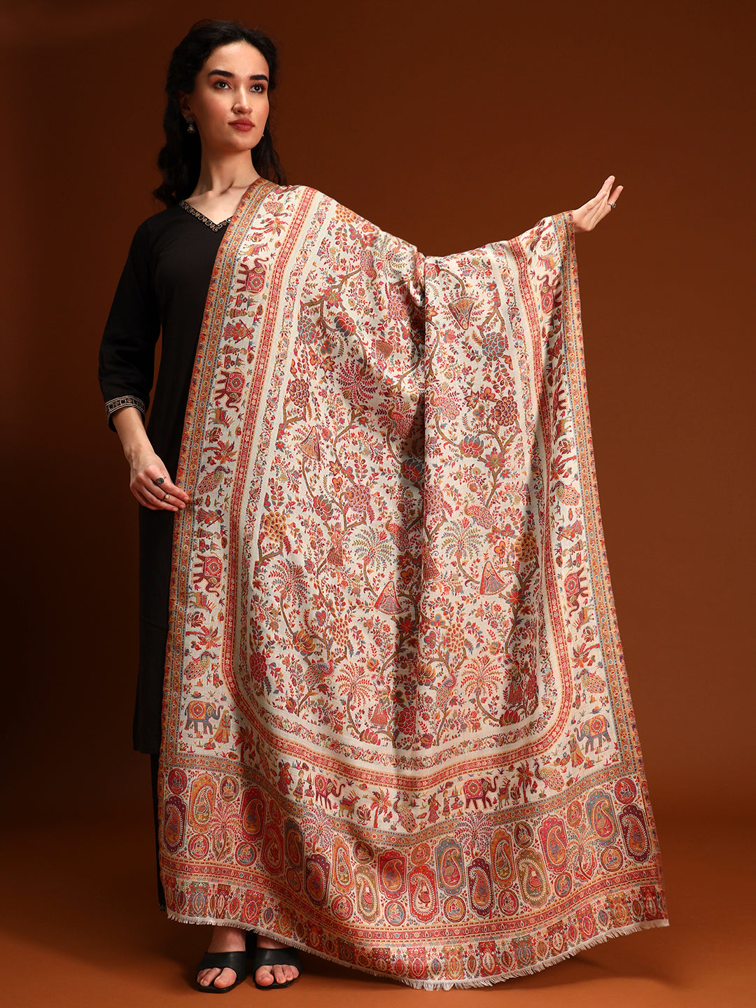 Pashmoda Women Orchard Kaani Wool Blend Kashmiri Shawl, Stole, Scarf | Luxury Pashmina Jamawar Soft Warm Evening Wrap (Size 40X80 inches )