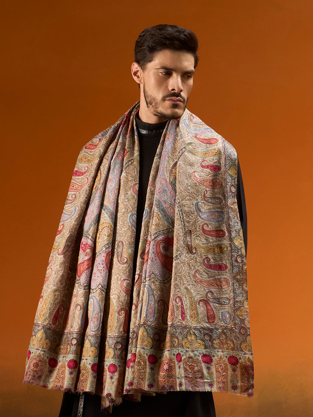Men Paisley Promenade Fine Wool Kalamkari Embroidered Shawl