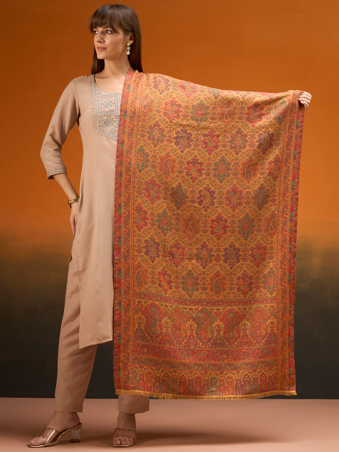 Pashmoda Imperial Shahkaar Gulistan kaani stole Stole for Women, Wool Blend Pashmina Style Shawl Wrap, Traditional Kashmiri Jamawar Woven Design, Luxury Evening & Festive Scarf (28 x 80 Inches)