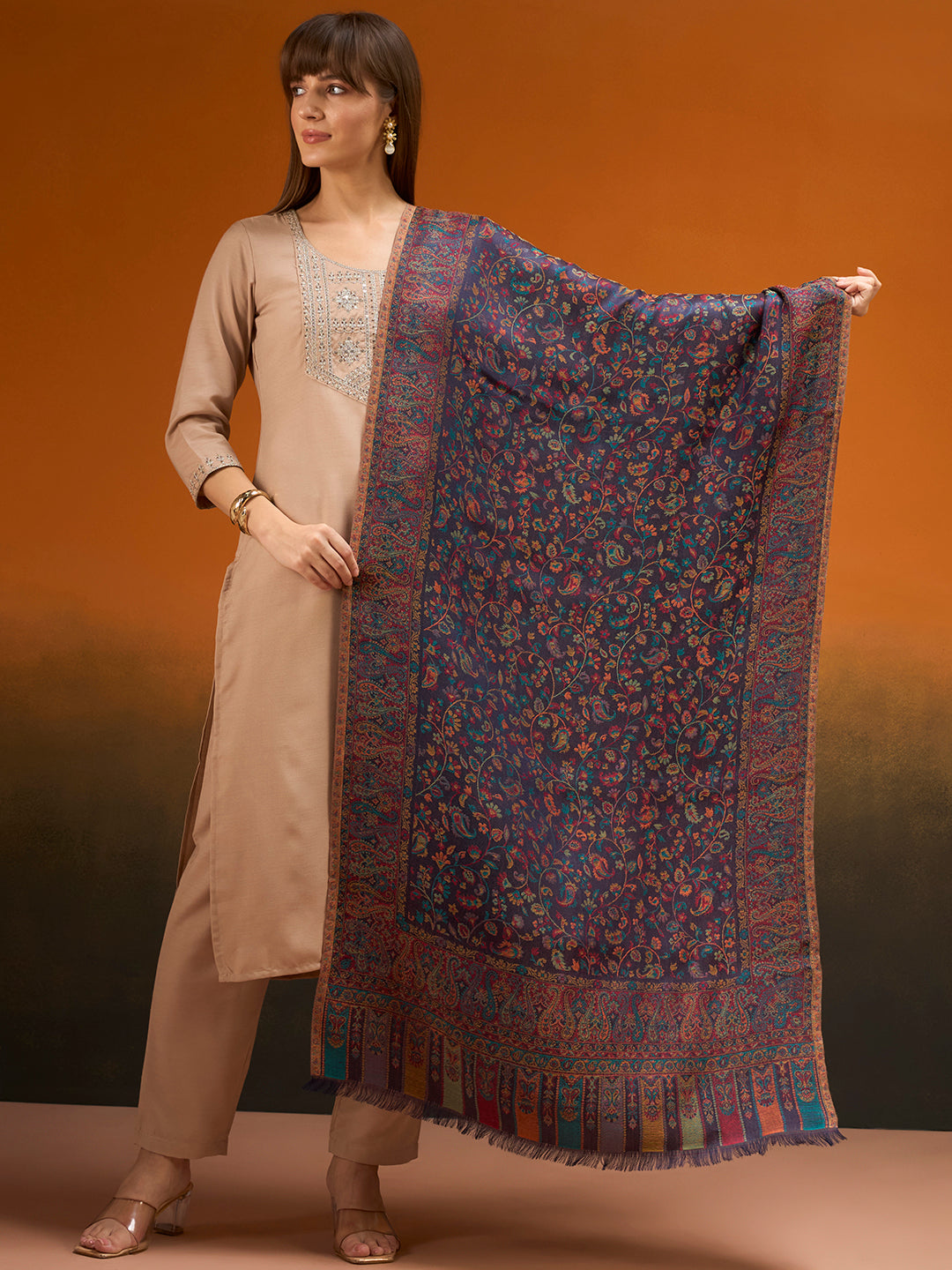 Pashmoda  Imperial Royal botanica Stole for Women, Wool Blend Pashmina Style Shawl Wrap, Traditional Kashmiri Jamawar Woven Design, Luxury Evening & Festive Scarf (28 x 80 Inches)
