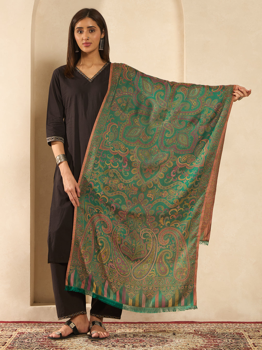 Pashmoda  Imperial Ambi Kaani Stole for Women, Wool Blend Pashmina Style Shawl Wrap, Traditional Kashmiri Jamawar Woven Design, Luxury Evening & Festive Scarf (28 x 80 Inches)