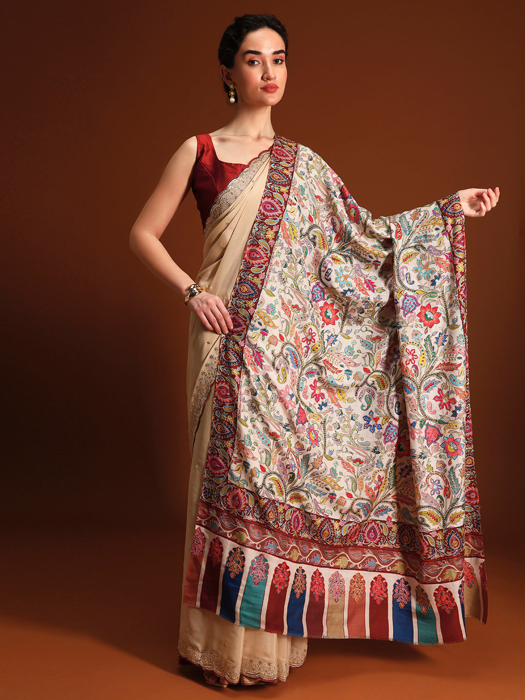 Women Nafees Naqsh Fine Wool Fabric Kalamkari Embroidered Shawl,