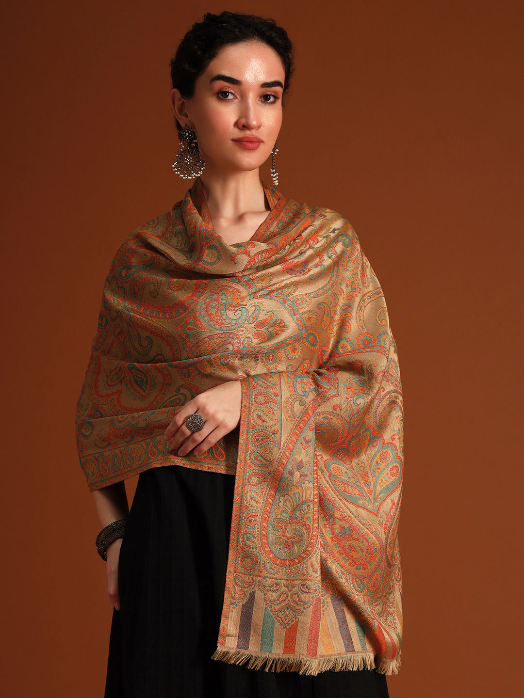 Pashmoda Imperial Ambi Kaani Stole for Women, Wool Blend Pashmina Style Shawl Wrap, Traditional Kashmiri Jamawar Woven Design, Luxury Evening & Festive Scarf (28 x 80 Inches)