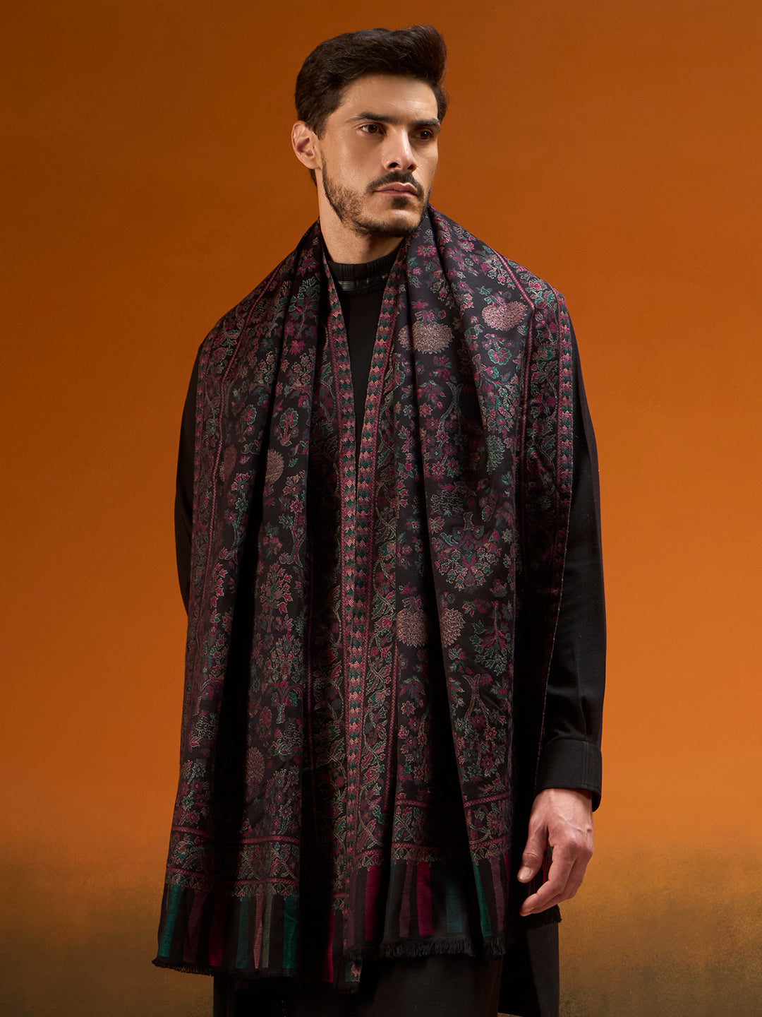 Pashmoda Men Aurelia Kaani Stole, Authentic Kashmiri Pashmina Style Wool Shawl, Gents Lohi Wrap, Traditional Jamawar Woven Design, Black Colour (28 x 80 Inches)