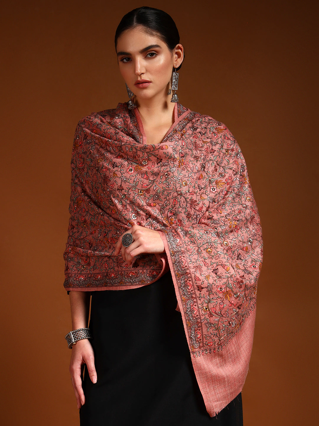 Pashmoda Women Shabnum 100% Pure Wool Sozni Hand Embroidered Stole (Size-71x203cm)