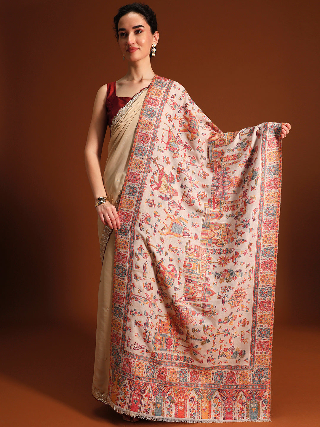 Pashmoda Imperial Gulzar kaani stole Stole for Women, Wool Blend Pashmina Style Shawl Wrap, Traditional Kashmiri Jamawar Woven Design, Luxury Evening & Festive Scarf (28 x 80 Inches)