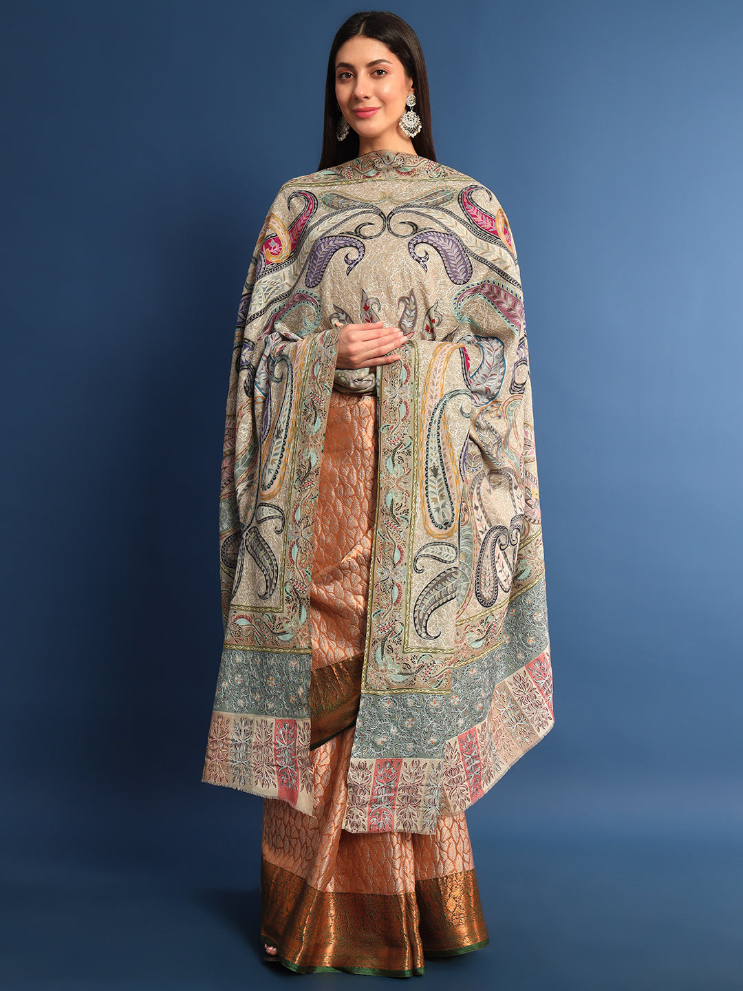 Women Fiza Fine Wool Fabric Pashmina Kalamkari Embroidered Shawl (Size: 115x230 CM)