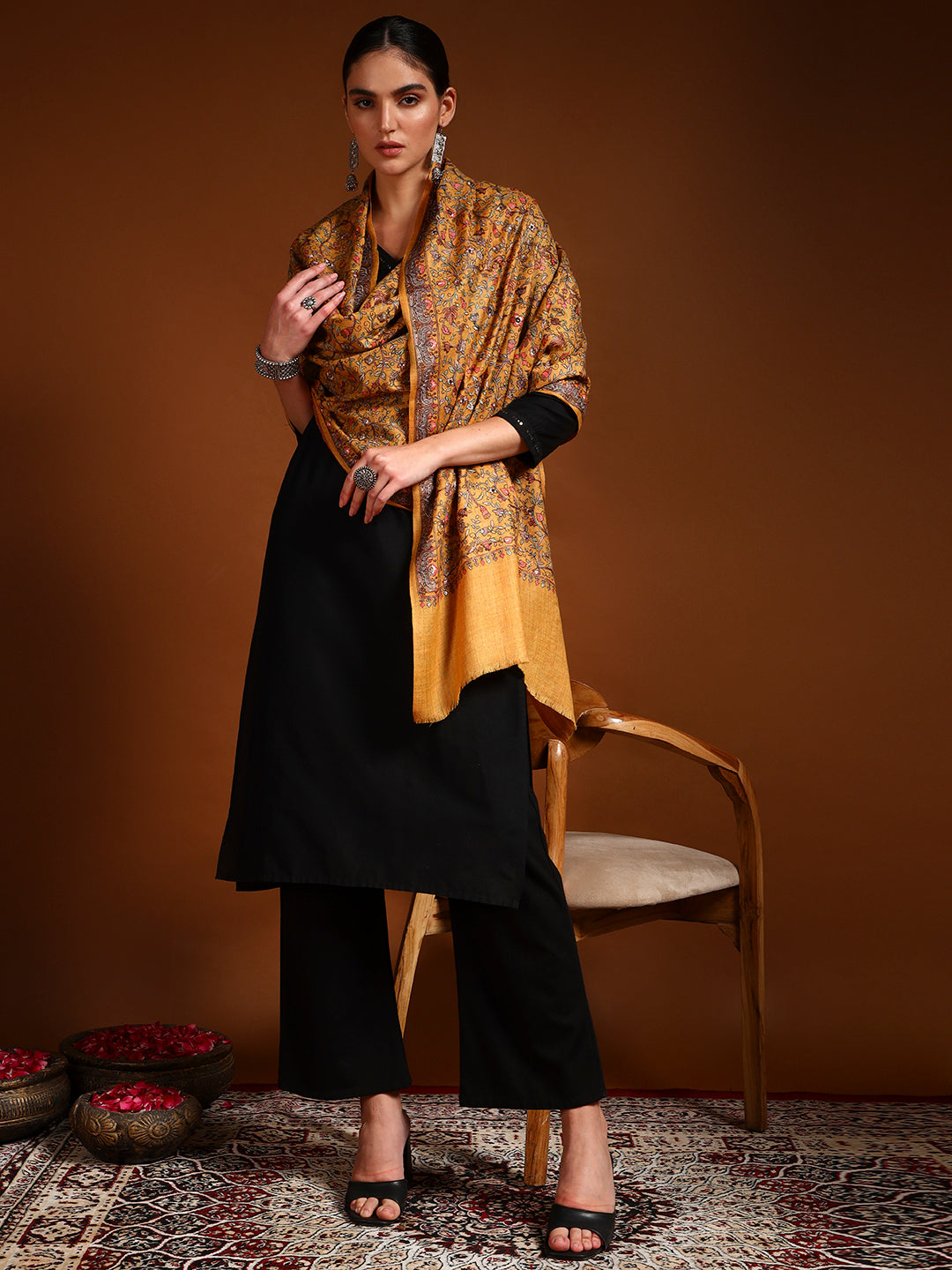 Pashmoda Women Shabnum 100% Pure Wool Sozni Hand Embroidered Stole (Size-71 × 203 cm)