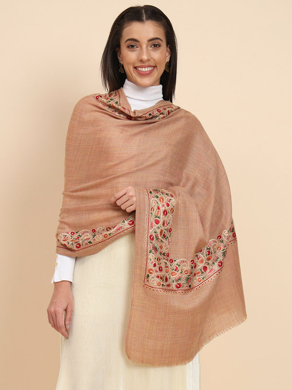 Women Beige Pure Wool Nalki Embroidered Stole (Size 71X203 CM)