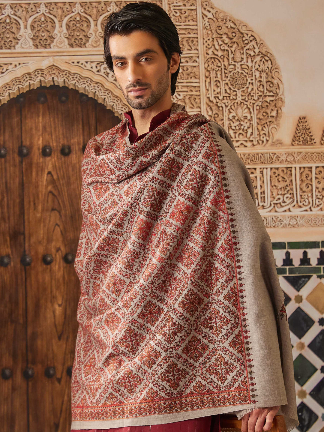 Pashmoda Men 100% Pure Wool Fabric Sozni Embroidered Shawl (Size: 101x203 Cm)