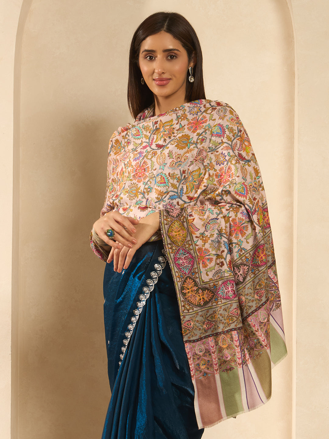 Women Firdaus Fine Wool Fabric Kalamkari Embroidered Shawl