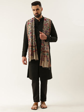 Pure Wool Fabric Kalamkari Embroidered Shawl (Size 40x80 Inches)