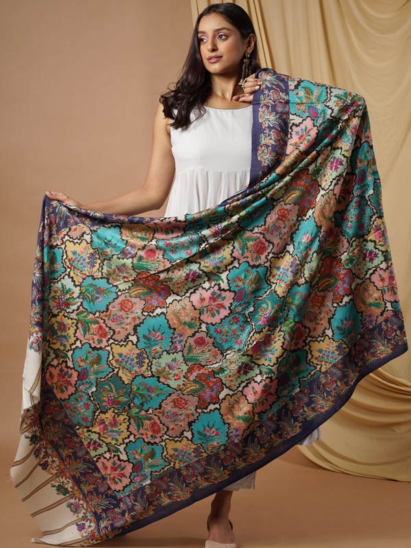 Pure Wool Fabric Kalamkari Embroidered Shawl (Size: 101 X 203 Cms)