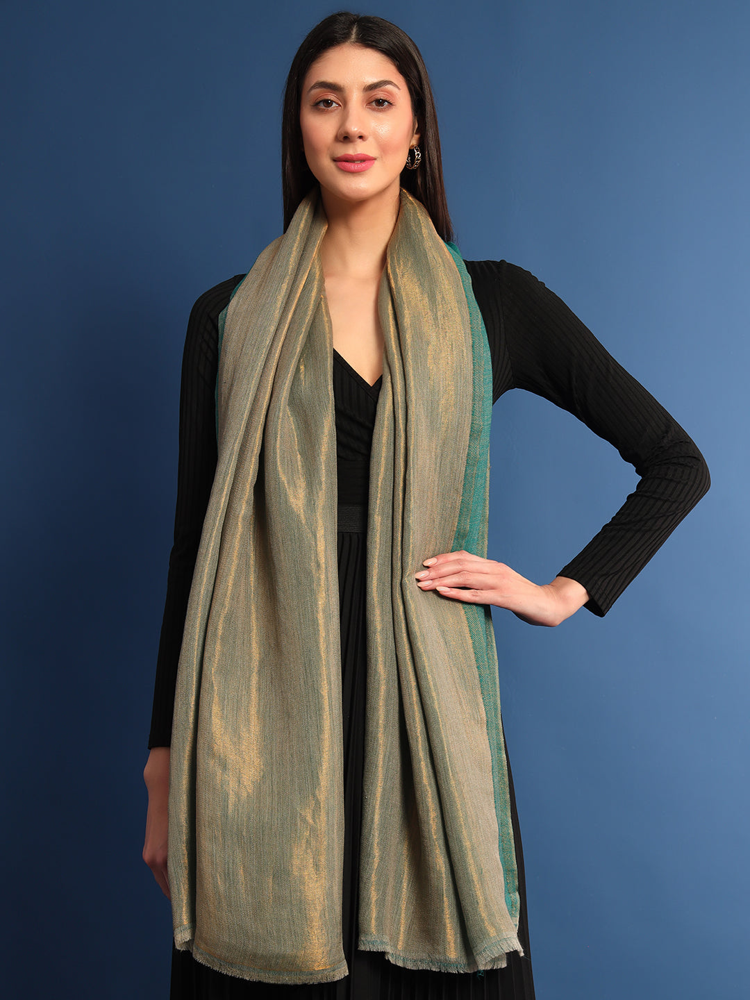 Pashmoda Women’s Zarish Reversible Zari Moonlight Fine Wool Stole (Size: 71x203 Cm)