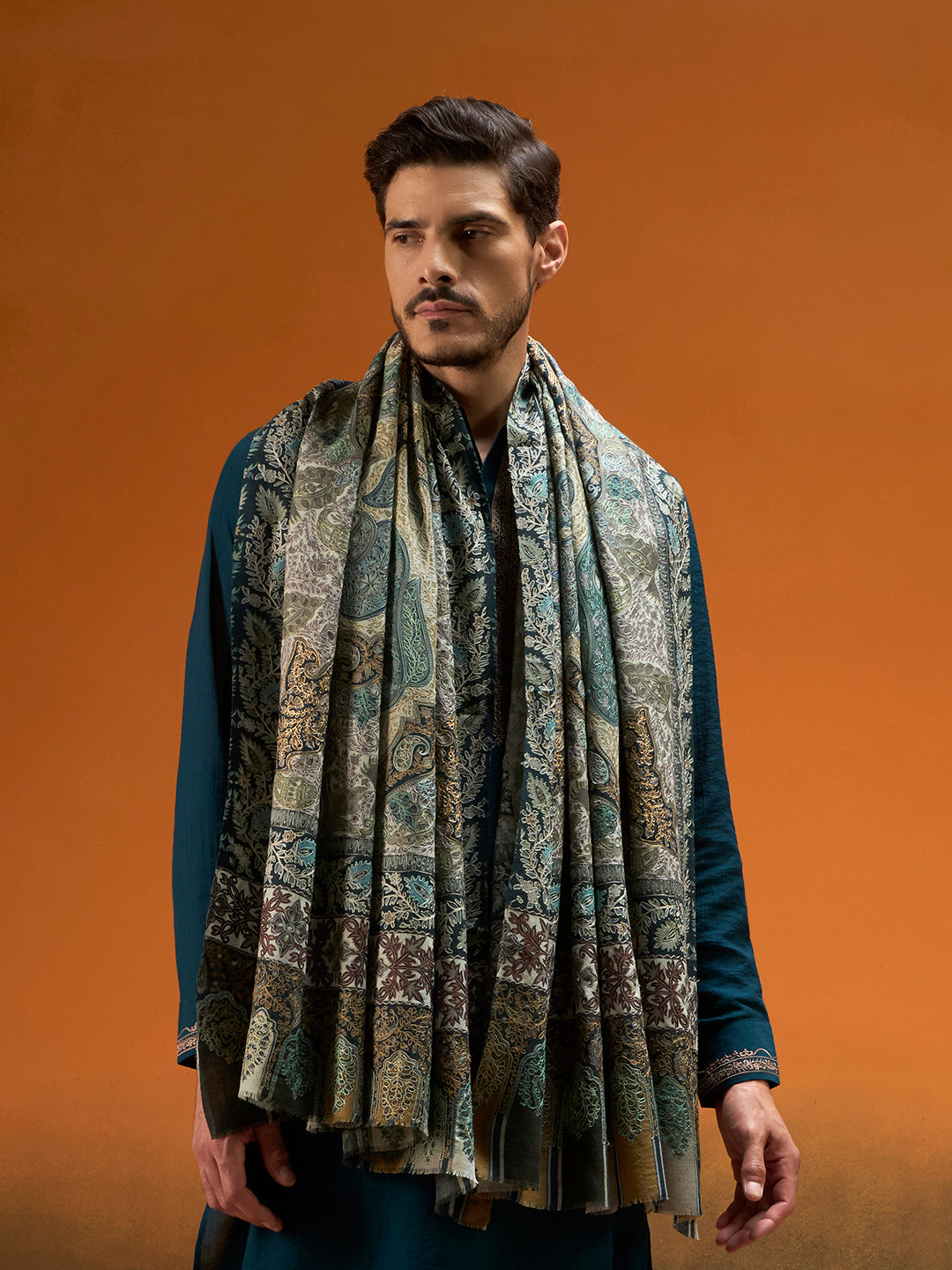 Men nafees Fine Wool Kalamkari Embroidered Shawl