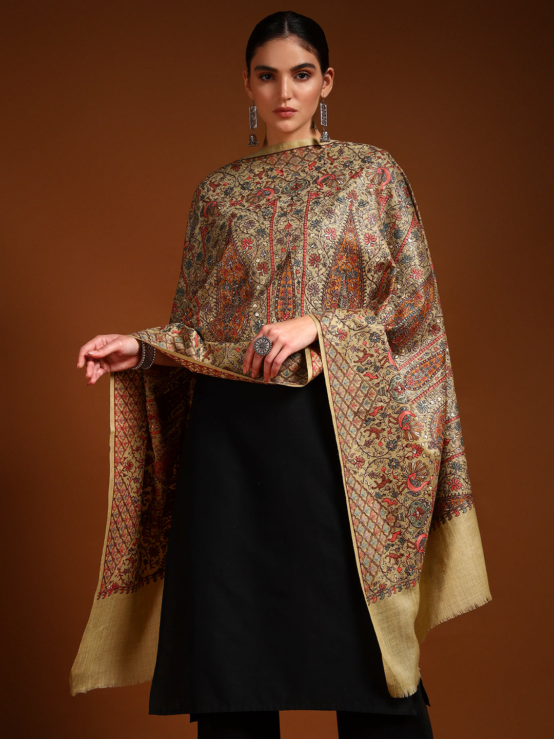 Pashmoda Women Nafeesah 100% Pure Wool Sozni Hand Embroidered Stole (Size-71x203cm)