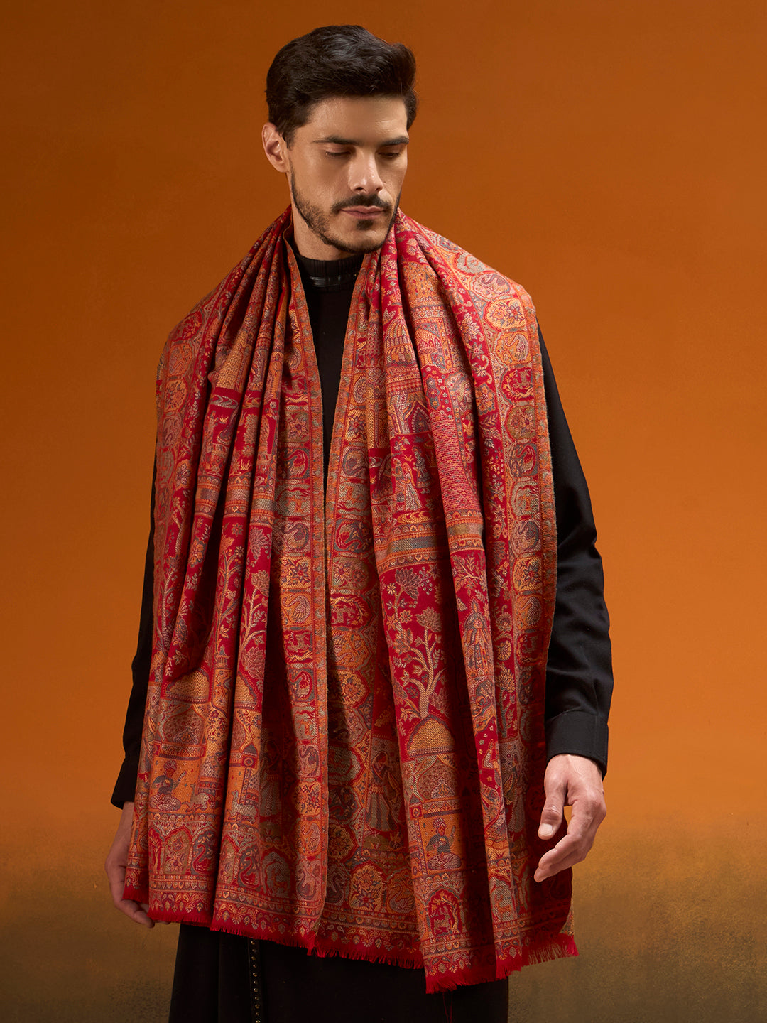 Pashmoda Men Shahi Manzar Fine Wool Kaani Shawl, Authentic Kashmiri Pashmina Style Wrap, Medium Gents Lohi, Traditional Jamawar Woven Design, Gift Box Packed, Maroon Colour (40 x 80 Inches)