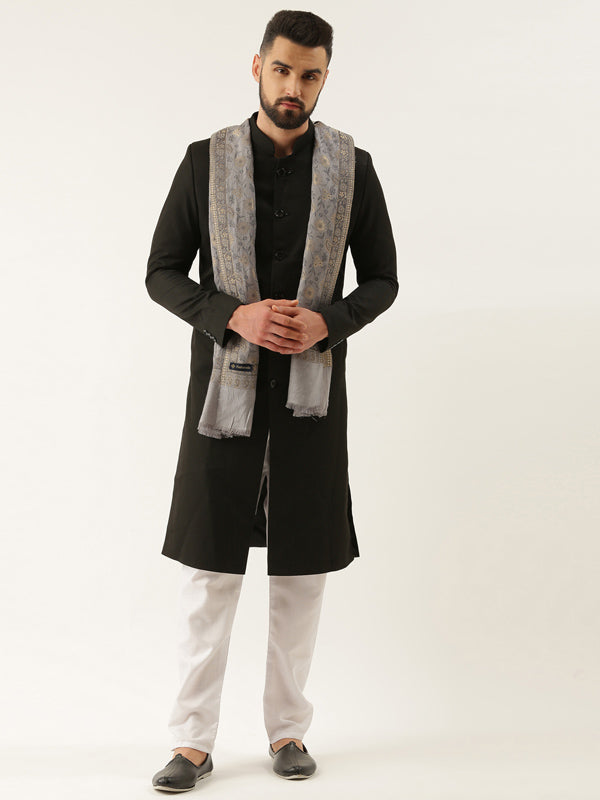 Men Kaani Stole with Zari Weave, Authentic Kashmiri Luxury Pashmina Style, Stole, Full Size Gents Lohi, Size 72X208 CM,  Grey Color