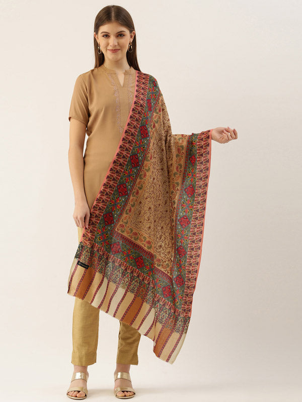 Women's Beige Pure Wool Kalamkari Stole (Size : 71X203 CM)