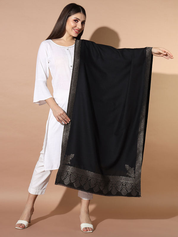 Women Black Woven Design Jamawar Stole (Size 71X203 CM)