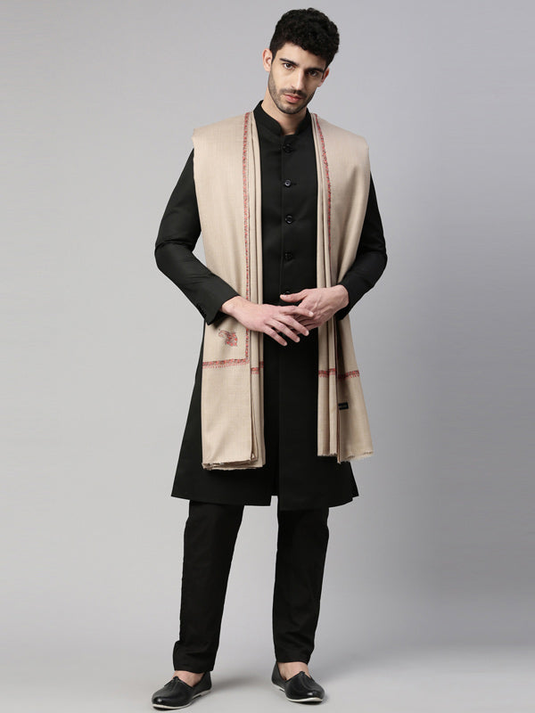 Men Hashiya Embroidered Woollen Shawl (Size 131X268 cms, Beige Color)