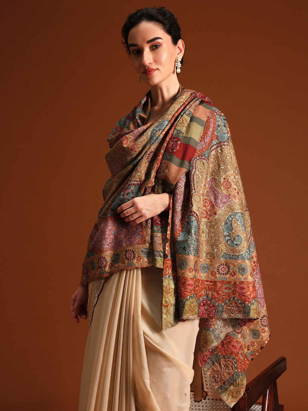 Women Kashish Fine Wool Fabric Kalamkari Embroidered Shawl