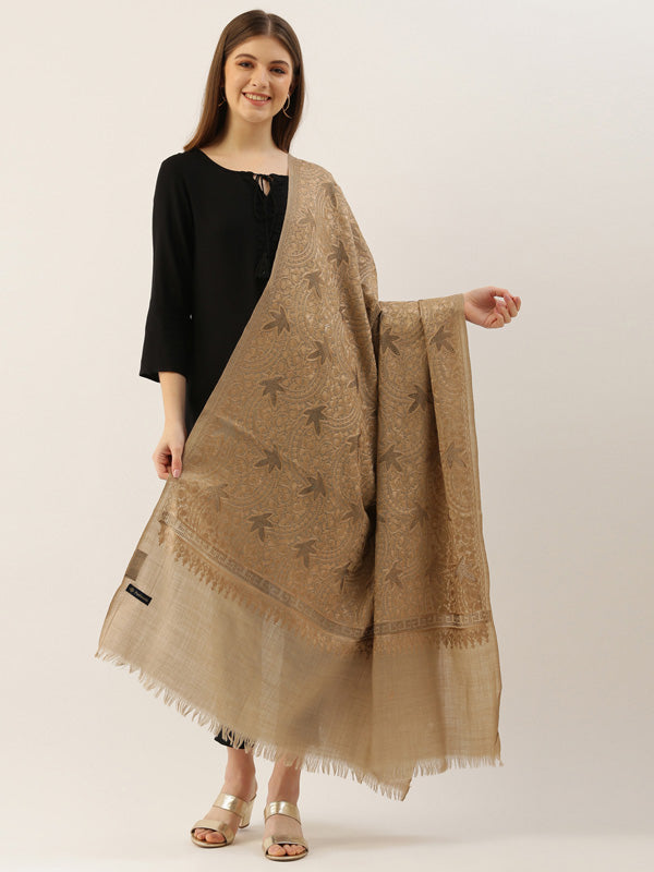 Beige Pure Wool Crystal Work and Aari Embroidered Shawl (Size : 101X203 CM)