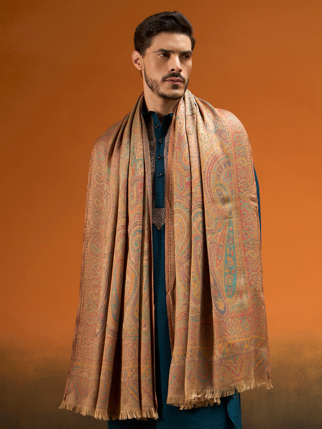 Pashmoda Men Grand Paisley Kaani Shawl, Authentic Kashmiri Pashmina Style Wrap, Medium Gents Lohi, Traditional Jamawar Woven Design, Gift Box Packed, Beige Colour (40 x 80 Inches)