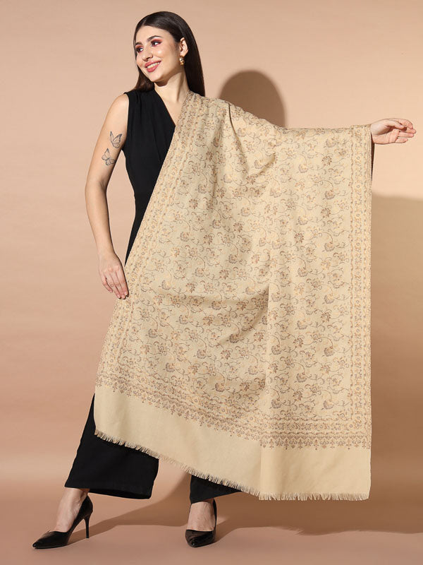 Women Beige Woven Design Jamawar Shawl (Size 101X203 CM)