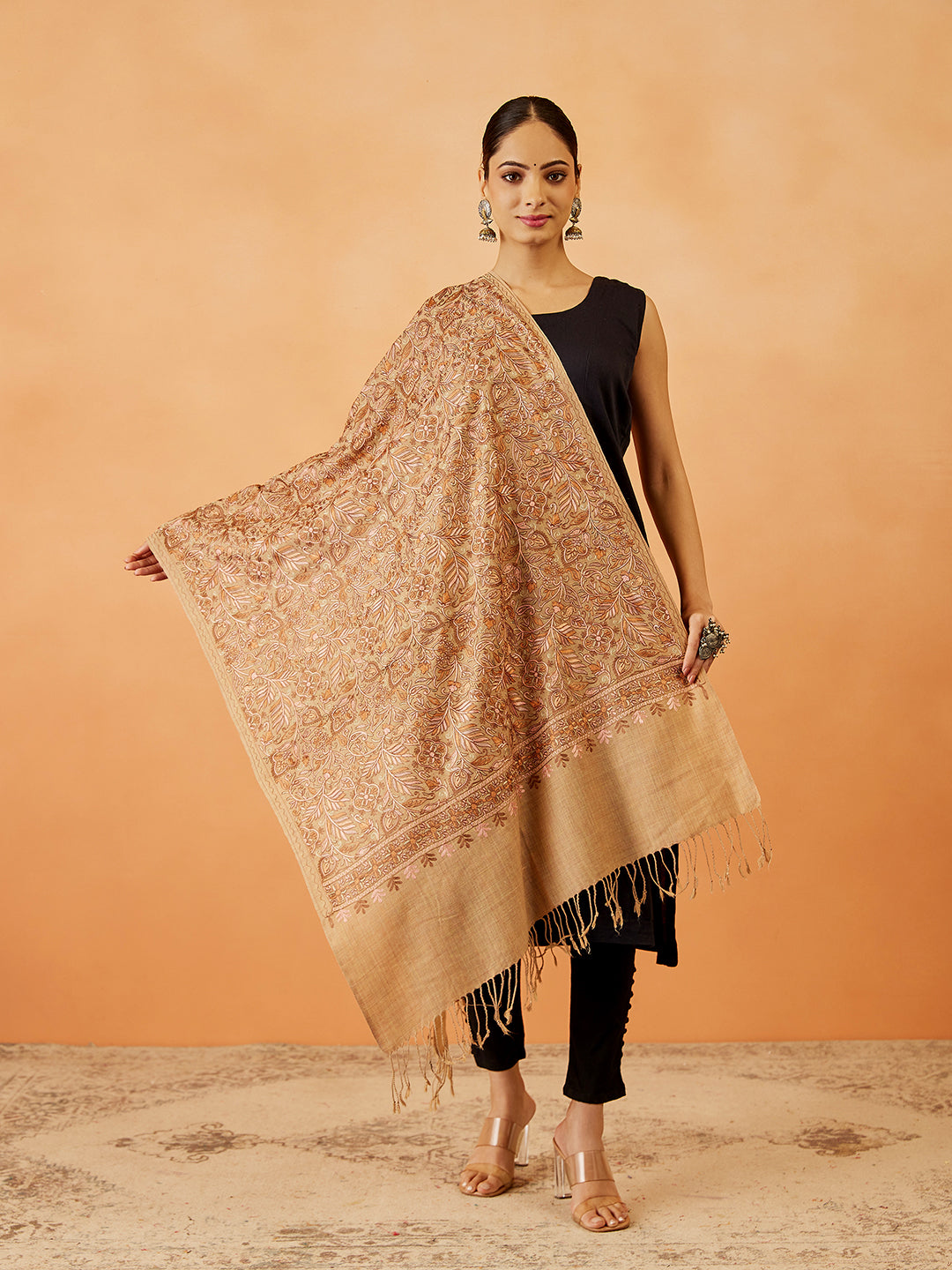 Women's Aangan Wool Blend Nalki Embroidered Stole (Size: 71x203 CM)