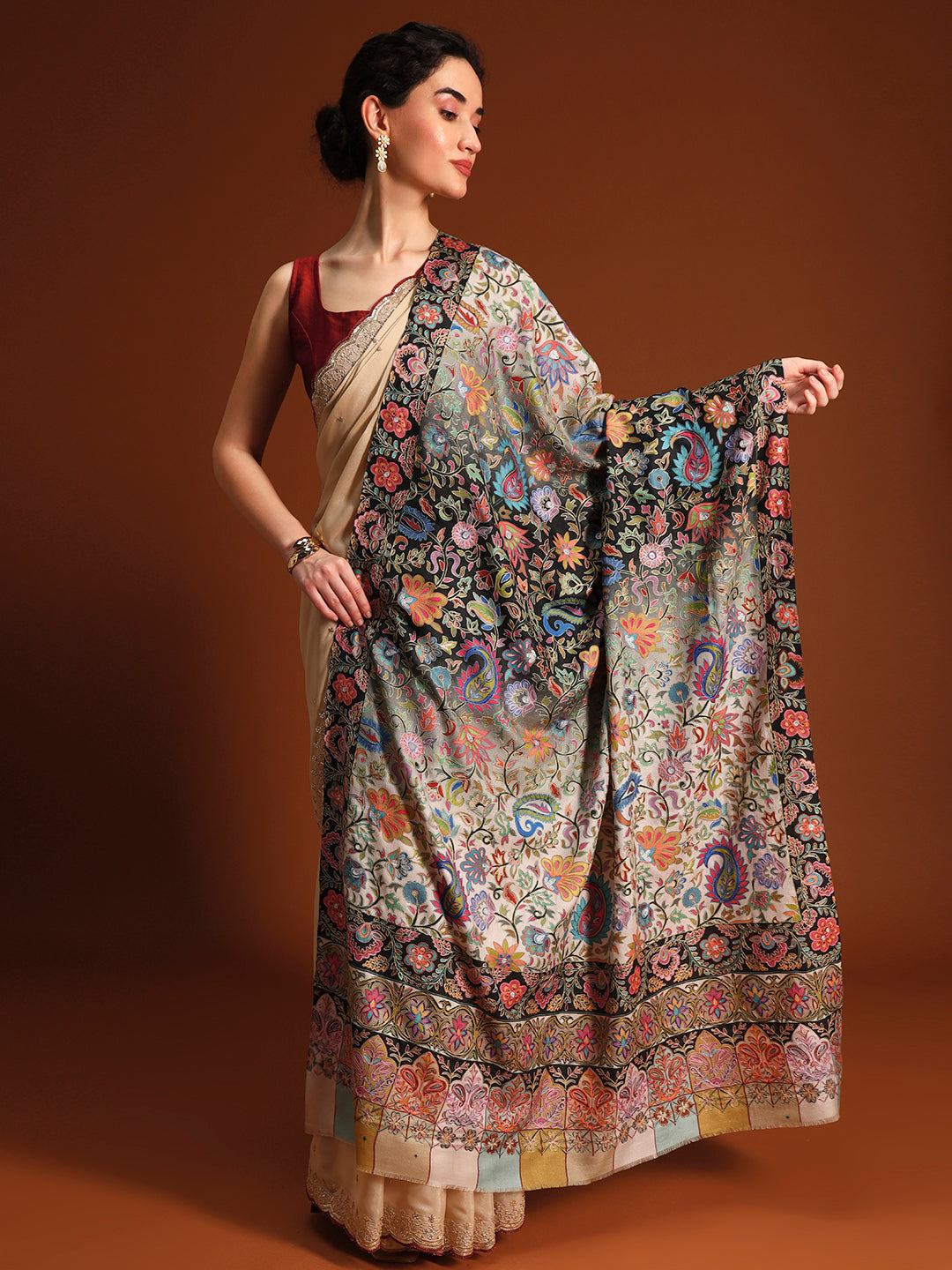 Women Twilight paisley Fine Wool Fabric Kalamkari Embroidered Shawl,