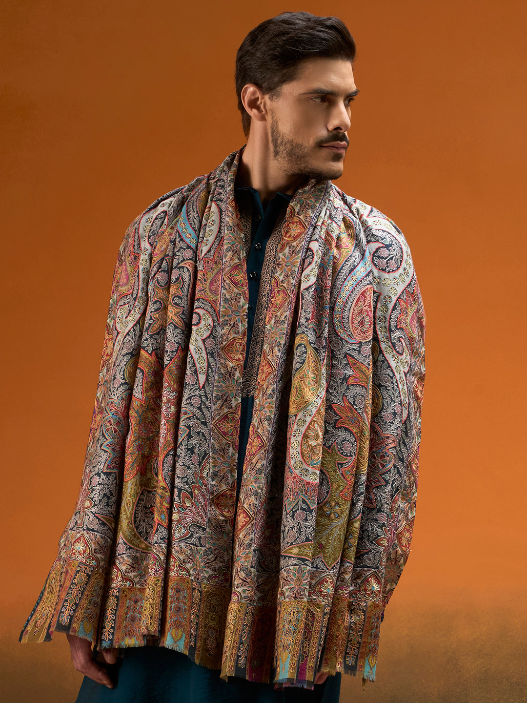 Men Stained Glass Fine Wool Kalamkari Embroidered Shawl
