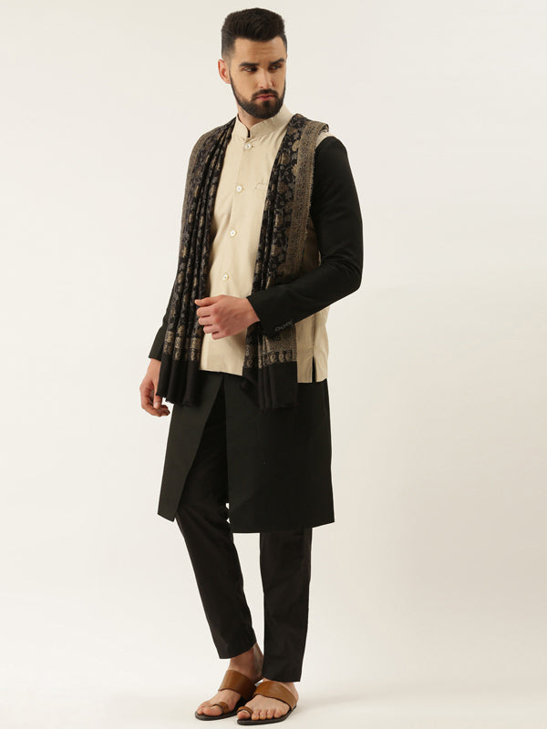 Men Kaani Stole with Zari Weave, Authentic Kashmiri Luxury Pashmina Style Stole, Full Size Gents Lohi, Size 72X208 CM,  Black Color