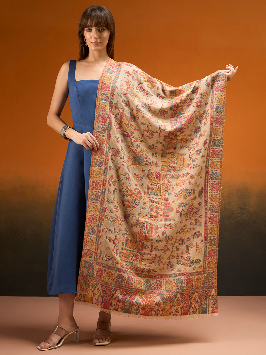 Pashmoda  Imperial Caravan kaani stole Stole for Women, Wool Blend Pashmina Style Shawl Wrap, Traditional Kashmiri Jamawar Woven Design, Luxury Evening & Festive Scarf (28 x 80 Inches)